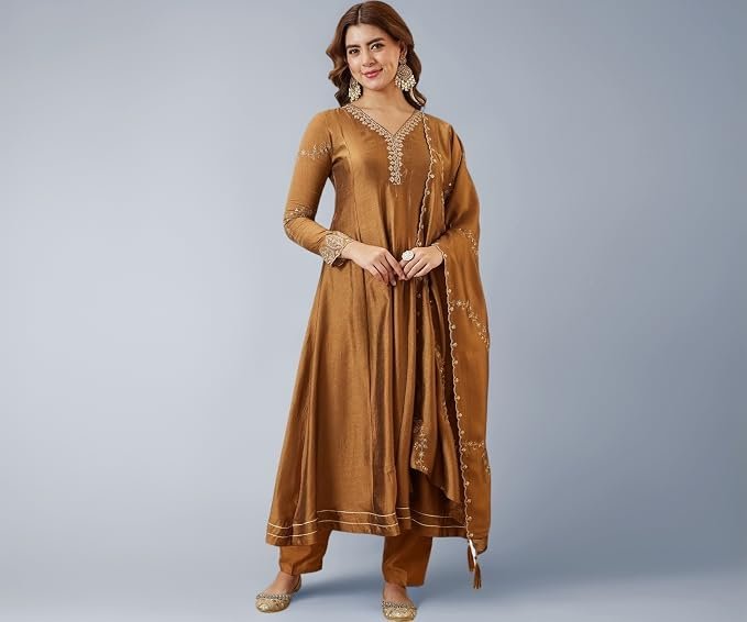 MOKOSH Women’s Silk Embroidery Anarkali Kurta Pant with Dupatta