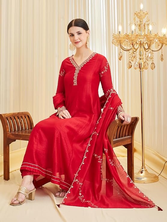 MOKOSH Women’s Silk Embroidery Anarkali Kurta Pant with Dupatta
