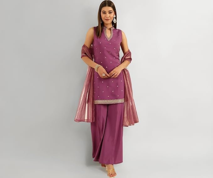 FIORRA Women's Lavender Viscose Chanderi Straight Kurta with Palazzo and Dupatta