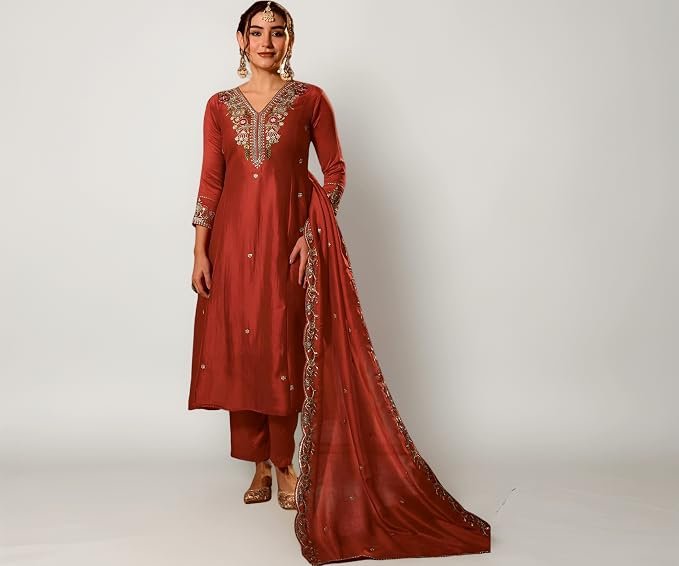 Naixa Women's Vichitra Silk Embroidered Flared Kurta with Pant and Dupatta Sets (NX5-695)