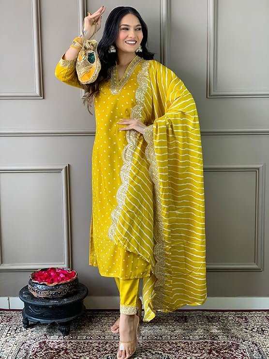 Naixa Women's Rayon Cotton Lining Embroidered Straight Kurta with Pant and Dupatta Sets (NX-470)