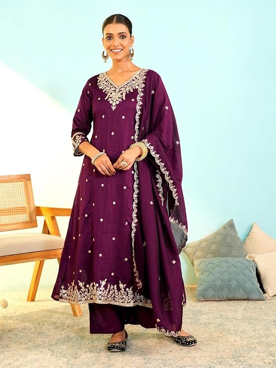 Naixa Women's Vichitra Silk Embroidered A-Line Kurta with Pant and Dupatta Sets (NX-845)