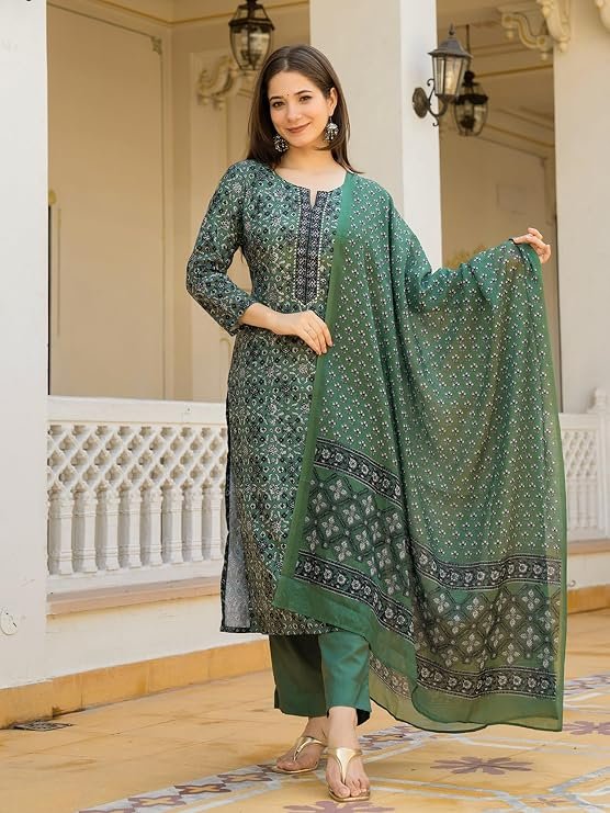 Vaamsi Women's Rayon Blend Ethnic Motifs Straight Printed Kurta Pant With Dupatta Set | Kurta Sets For Woman
