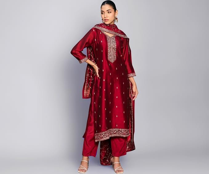 INDO ERA Women's Embroidered Silk Blend Calf Length Straight Kurta & Pant with Dupatta Set