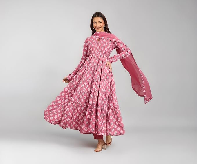 Libas Printed Cotton Anarkali Kurta with Churidar and Dupatta | Ethnic Wear