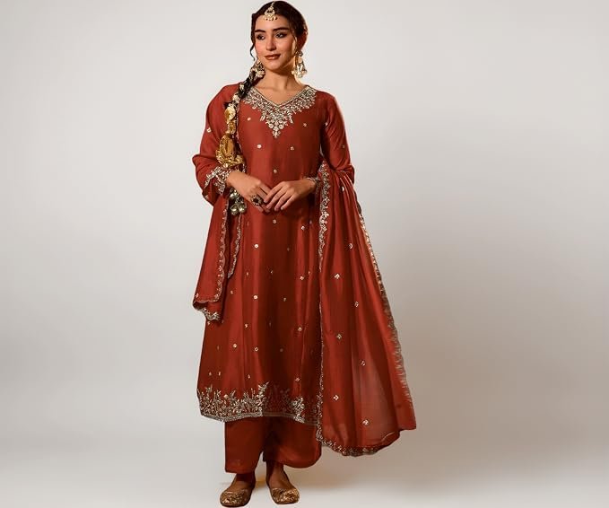 Naixa Women's Vichitra Silk Embroidered A-Line Kurta with Pant and Dupatta Sets (NX-845)