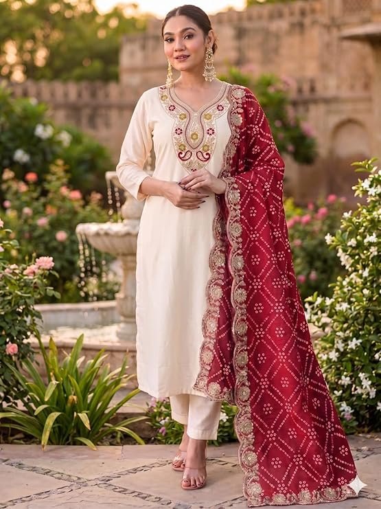 Elegant Ethnic Kurta Set with Heavy Bandhani Embroidered Dupatta Festive & Occasion Ensemble for Women