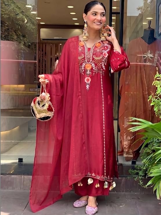 Women's 3-Piece Heavy Zari Floral Embroidered Straight Fit Kurti Ethnic Suit Set with Sheer Dupatta & Hanging Latkan Tassels for Festive, Wedding