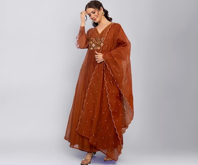 Nermosa Women Embroidery Solid Anarkali Kurta and Pant Set with Dupatta