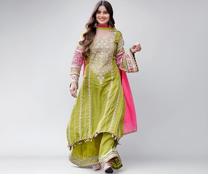 Women Embroidered Georgette Kurta Set with Organza Dupatta & Palazzo | A-Line Ethnic Suit Set | Designer Traditional Kurta Set with Heavy Work for Women