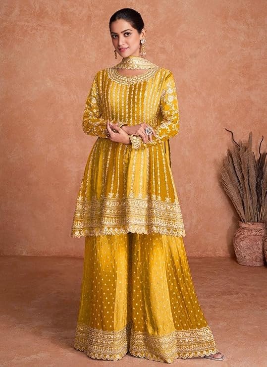 Miss Ethnik Women Dual Tone Strip Chinon Heavy Embroidered Stitched Sharara Suit Set With Dupatta (ME-1129)