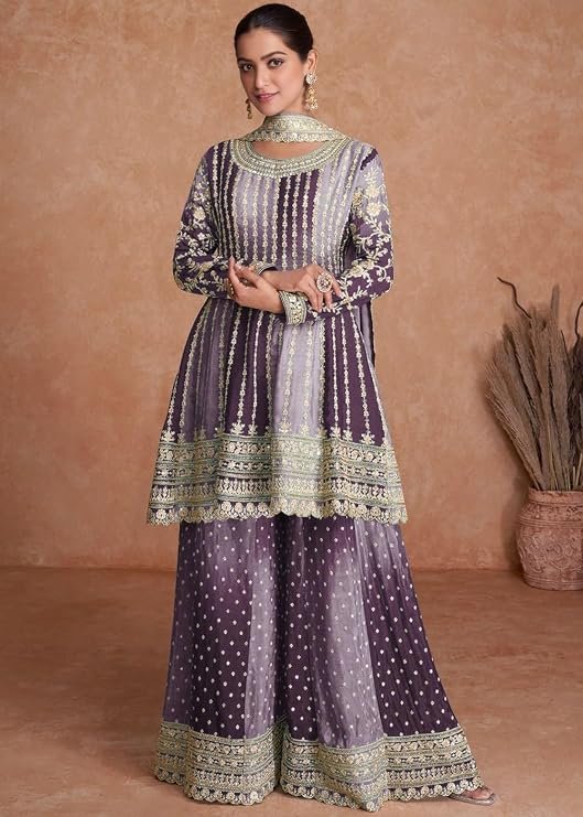 Miss Ethnik Women Dual Tone Strip Chinon Heavy Embroidered Stitched Sharara Suit Set With Dupatta (ME-1129)
