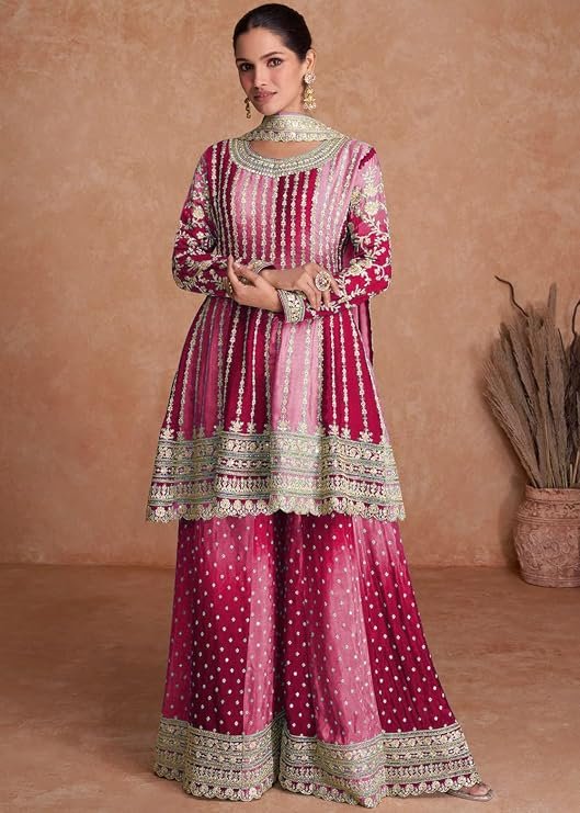 Miss Ethnik Women Dual Tone Strip Chinon Heavy Embroidered Stitched Sharara Suit Set With Dupatta (ME-1129)