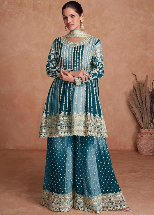 Miss Ethnik Women Dual Tone Strip Chinon Heavy Embroidered Stitched Sharara Suit Set With Dupatta (ME-1129)