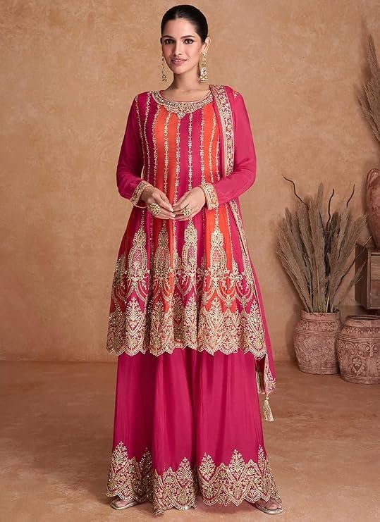 Miss Ethnik Women's Pink and Orange Color Traditional Chinon Embroidered Stitched Kurta Palazzo Set With Embroidered Dupatta (ME-1132-Pink)