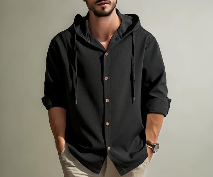 Noble Monk Men's Solid Regular Fit Shirts| Shirt with Hood | Casual Wear for Men | Full Sleeve Shirt | Stylish