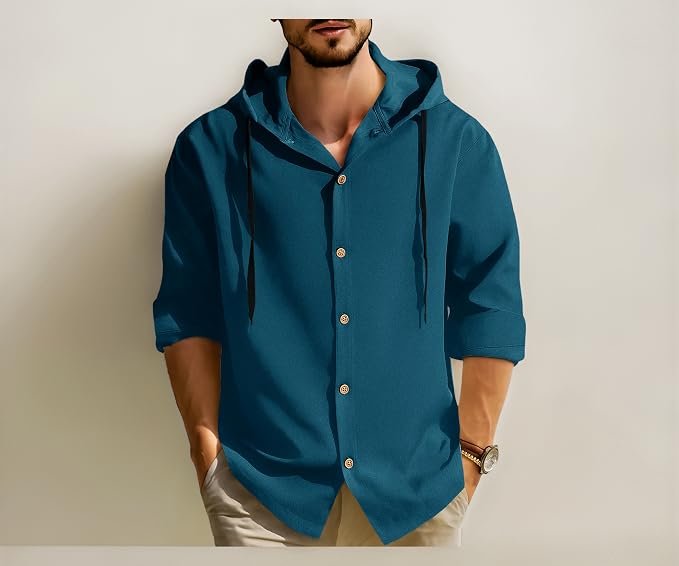Noble Monk Men's Solid Regular Fit Shirts| Shirt with Hood | Casual Wear for Men | Full Sleeve Shirt | Stylish