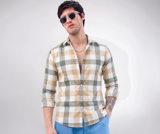 Youth First Men's Checkered Casual Shirt for Men | Cotton Blend Regular Fit Full Sleeve Checked | Stylish Button-Down Casual Shirt for Office, Travel & Outings