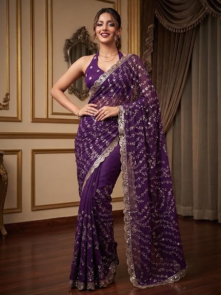 Women's Premium Tissue Crush Designer Saree with Heavy Sequin Embroidered Unstitched Blouse Piece | Lightweight Ethnic Saree for Wedding, Festival, Function & Occasion