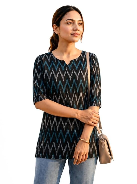 Pinkmint Women's Cotton Blend Printed Short Kurti | Regular Fit | Round Neck | Half Sleeve | Casual, Office Plus