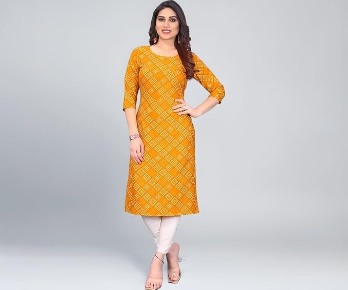 Womens Crepe Kurti | Straight Fit | Knee-Length | Crew Neck | 3/4 Sleeves | Casual &amp; Office Wear