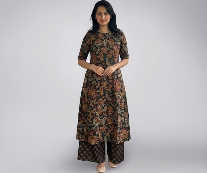 ANNI Designer Women's Viscose Blend Straight Printed Kurta with Palazzo | Elbow Length Sleeve Kurti Set | Close Neck with Back Slit | Soft Comfortable Fabric | 2 Piece Outfit