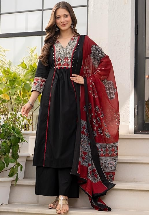 Amayra Women's Pure Cotton A-Line Kurta Set with Palazzo Pants &amp; Dupatta|Ethnic wear|Kurti Suit Set for WomeN