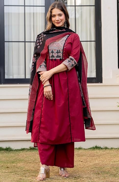 Amayra Women's Pure Cotton A-Line Kurta Set with Palazzo Pants &amp; Dupatta|Ethnic wear|Kurti Suit Set for WomeN