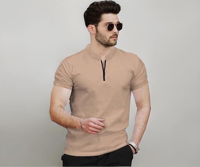 Men's Casual Half Sleeve T-Shirt with Zip Collar, Black