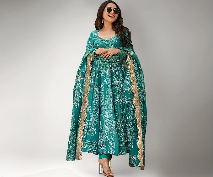 Pinkmint Women's Bandhani Print Flared Anarkali Muslin Kurta Set