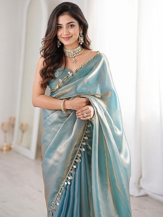 SATAZ Ready To Wear Saree For Women Pre Pleated Satin Silk Readymade With Mirror Lace And Unstitched Blouse (Sky Blue)
