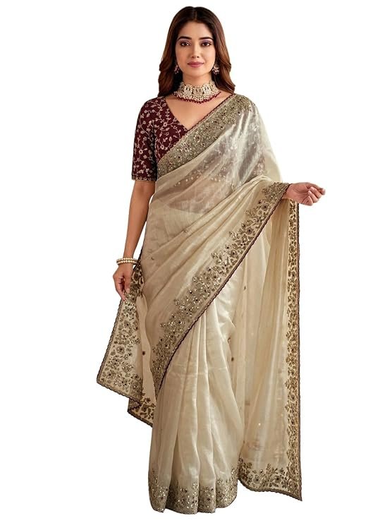 Satrani Women's Sequins Embroidered Tissue Silk Saree with Unstitched Blouse