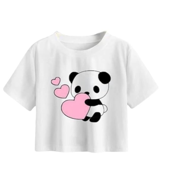 Women's Cotton Blend Crop Top, Half Sleeves T-Shirt, Panda Heart Print, Regular Fit