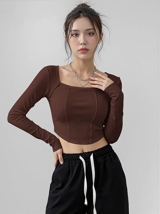 Dream Beauty Fashion Women's Long Sleeve Slim Fit Crop Top/T-Shirt Square Neck Casual