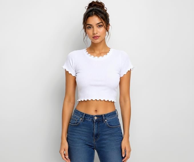 Women Ribbed Crop Top Half Sleeve Round Neck Stretchable Top