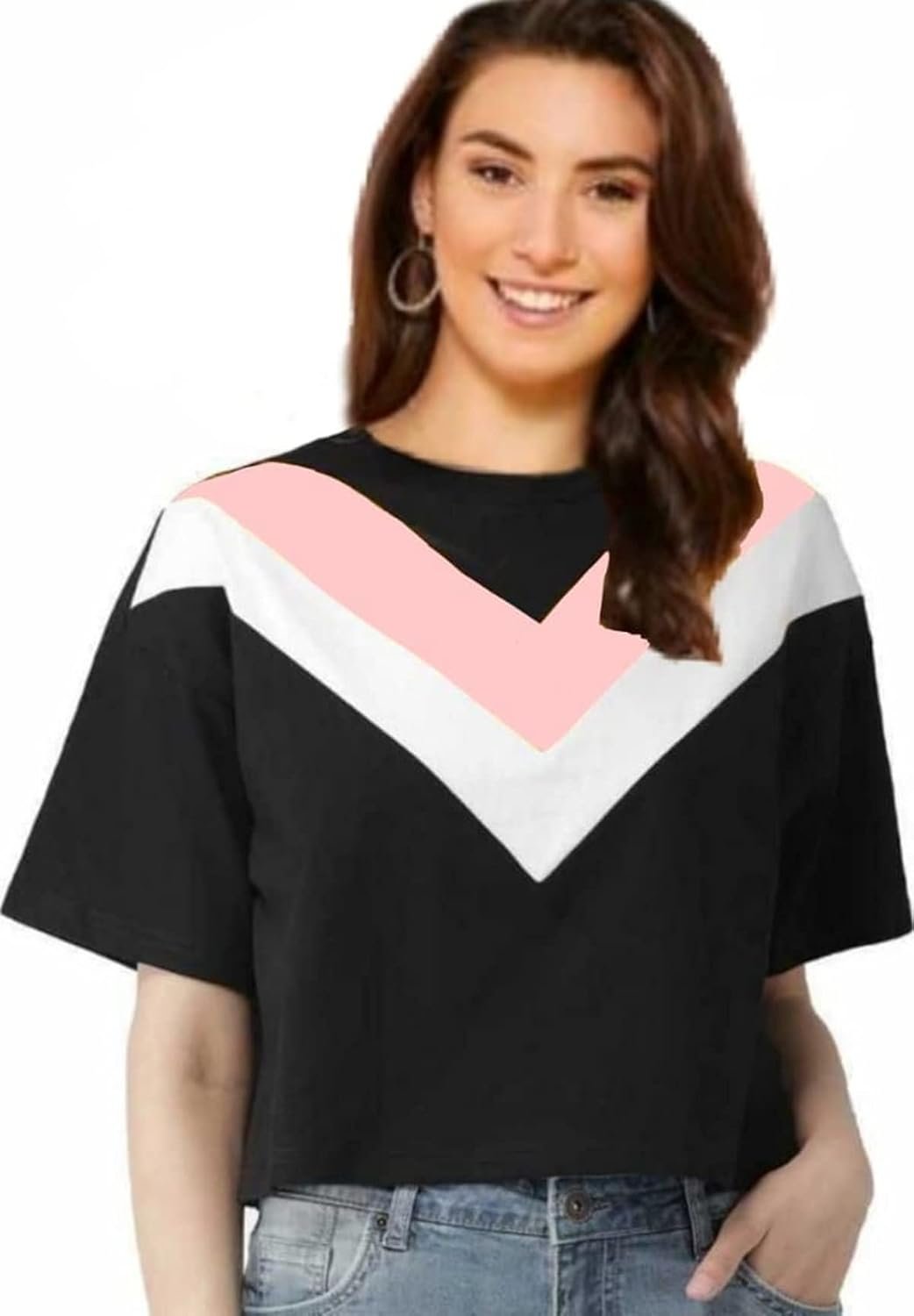 Dream Beauty Fashion Short Sleeves Color Block Casual Hosiery Crop Top