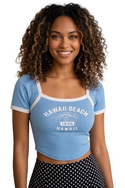Women Printed Half Sleeve Crop Top | Stretchable Round Neck Fitted Casual Top for Women &amp; Girls | Slim Fit Stylish T Shirt Hawai