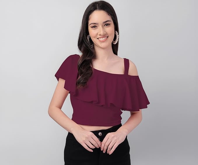 Mehrang Women's Casual Solid Flared Crop Top Round Neck Stretchable Blend for Women/Top for Girls