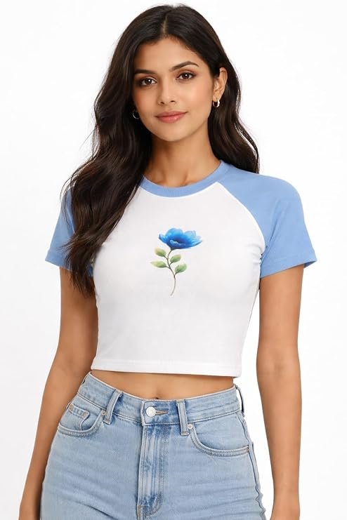 Women Crop Top, Round Neck, Raglan Crop Top