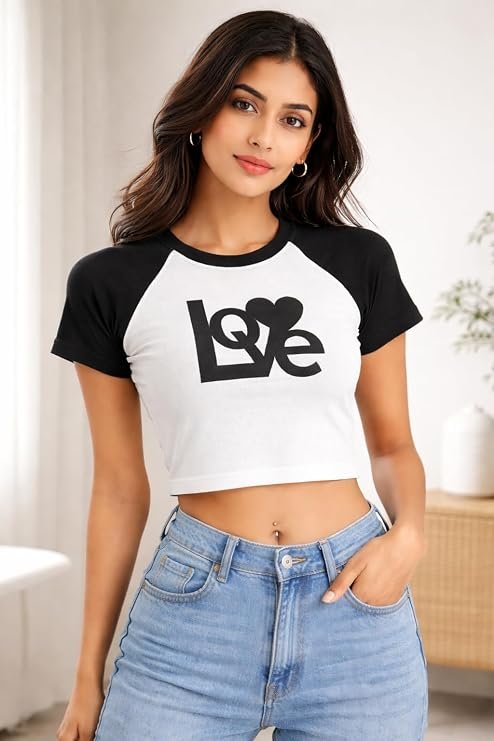 Women Crop Top, Round Neck, Raglan Crop Top