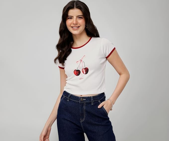 Women's 100% Cotton Crop Top with Cherry Graphic Print -White