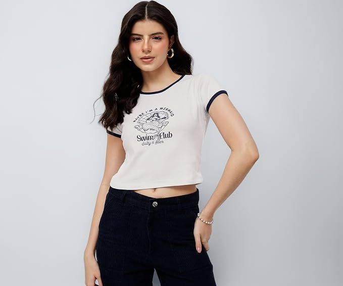 Women's 100% Cotton Crop Top with Cherry Graphic Print -White