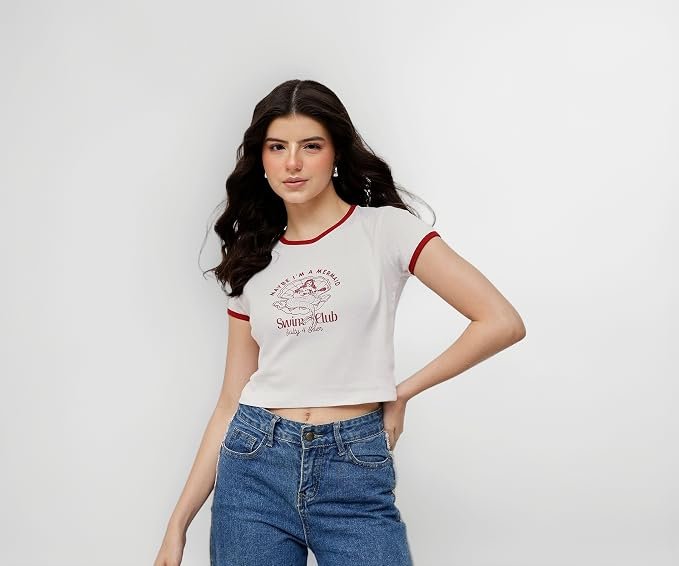Women's 100% Cotton Crop Top with Cherry Graphic Print -White
