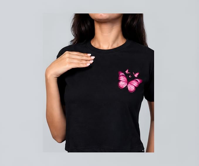 Women's Cotton Crop T-Shirt with Butterfly Print | Round Neck Half Sleeve Casual Top