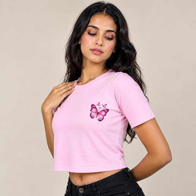 Women's Cotton Crop T-Shirt with Butterfly Print | Round Neck Half Sleeve Casual Top