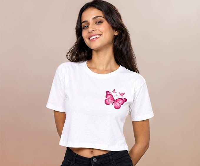 Women's Cotton Crop T-Shirt with Butterfly Print | Round Neck Half Sleeve Casual Top
