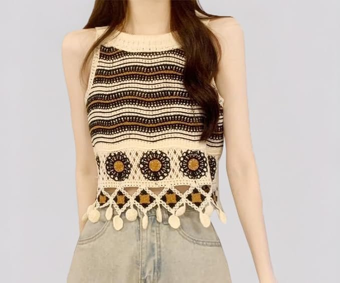 ICW Women Embroidery Beachwear Halter Neck Sleeveless Knit Boho Crochet Vest Crop Cami Tank Top