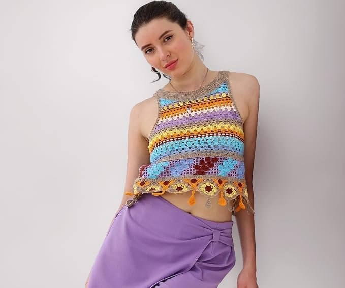 ICW Women Embroidery Beachwear Halter Neck Sleeveless Knit Boho Crochet Vest Crop Cami Tank Top