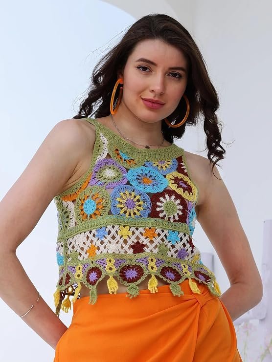 ICW Women Embroidery Beachwear Halter Neck Sleeveless Knit Boho Crochet Vest Crop Cami Tank Top