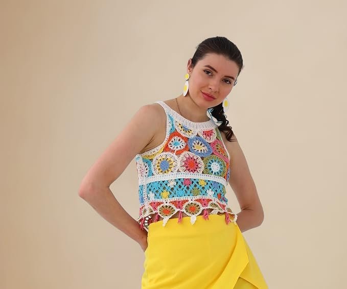ICW Women Embroidery Beachwear Halter Neck Sleeveless Knit Boho Crochet Vest Crop Cami Tank Top